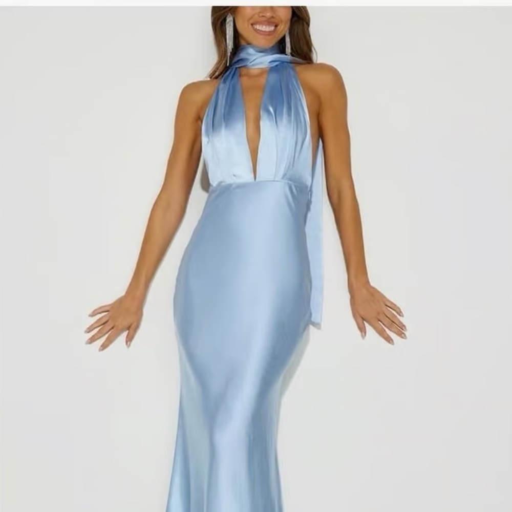 Satin Halter V Neck Scarf Maxi Dress